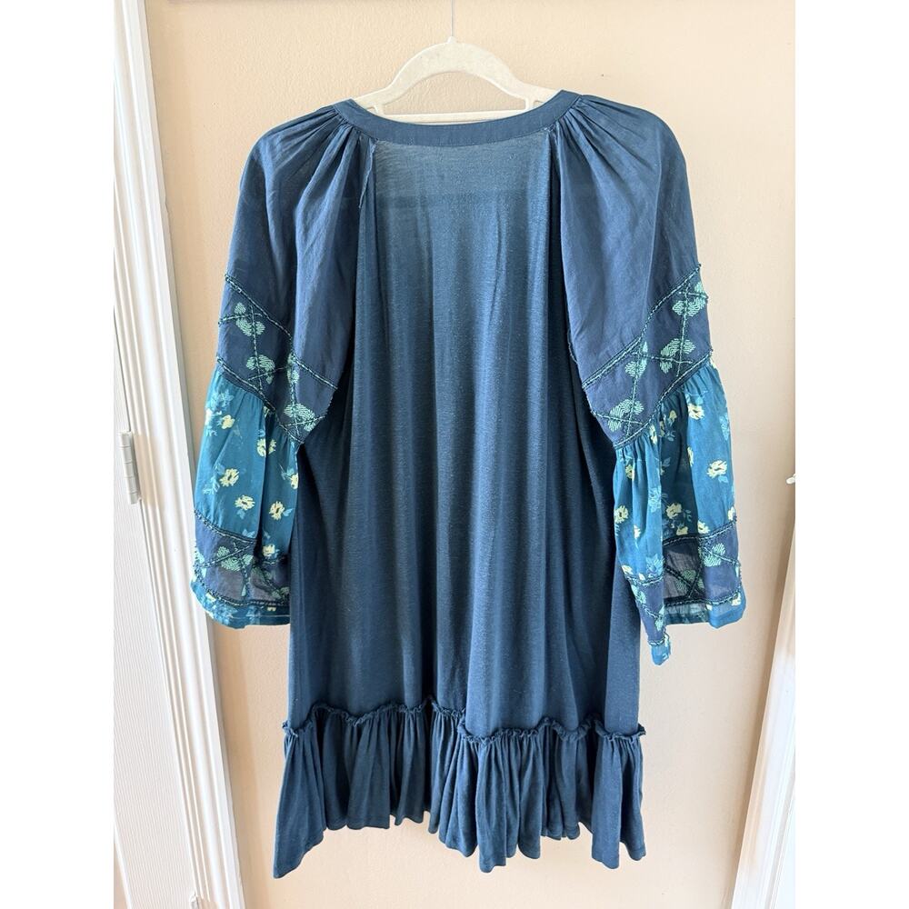 Free People Oversized Boho Tunic Dress Large Washed Teal Bead Sleeve Tassel Mini - Picture 3 of 8